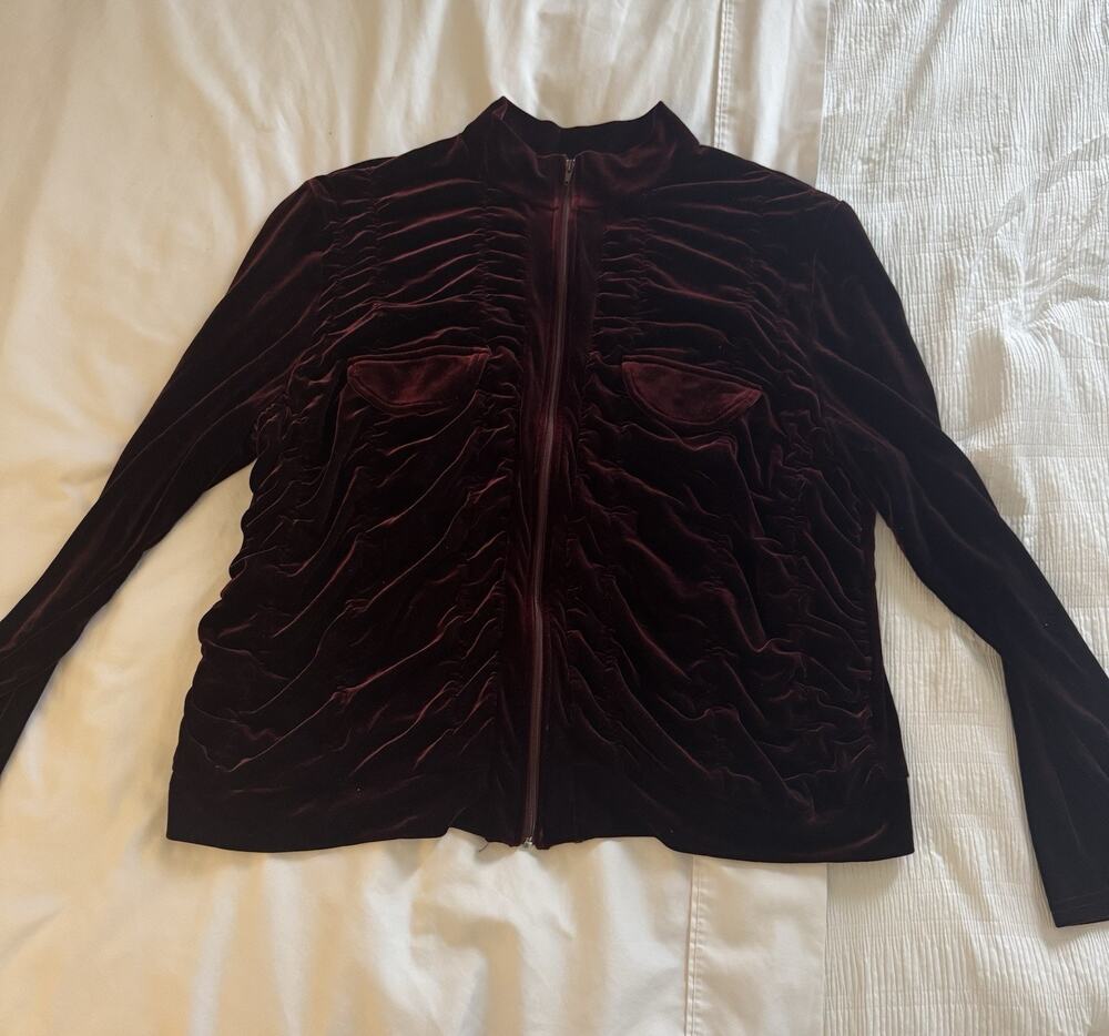 Ashley Stewart Burgundy Maroon Velvet Zip Up Ruched Pockets Long Sleeve